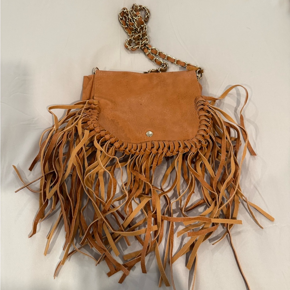 Fringe leather Crossbody  Bag in Cognac